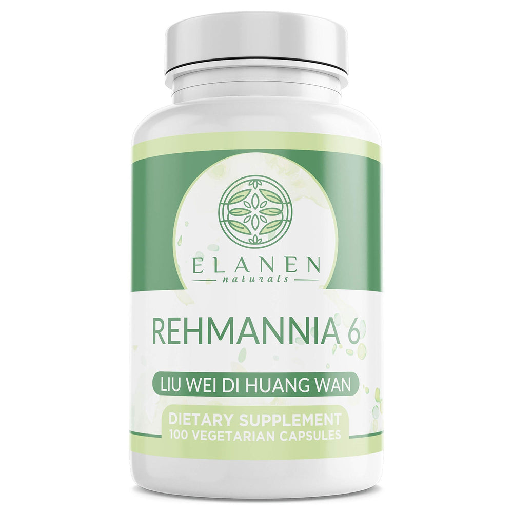 Elanen Naturals Liu Wei Di Huang Wan bottle with easy-to-swallow capsules for daily herbal support.