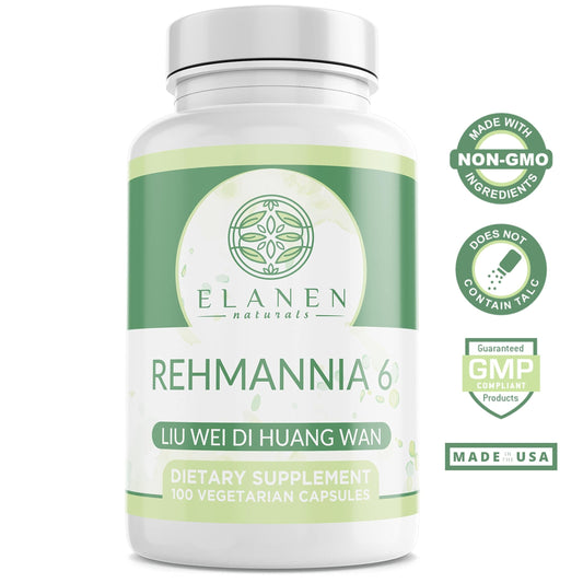 Elanen Naturals Liu Wei Di Huang Wan capsules close-up, 100% vegetable capsules.
