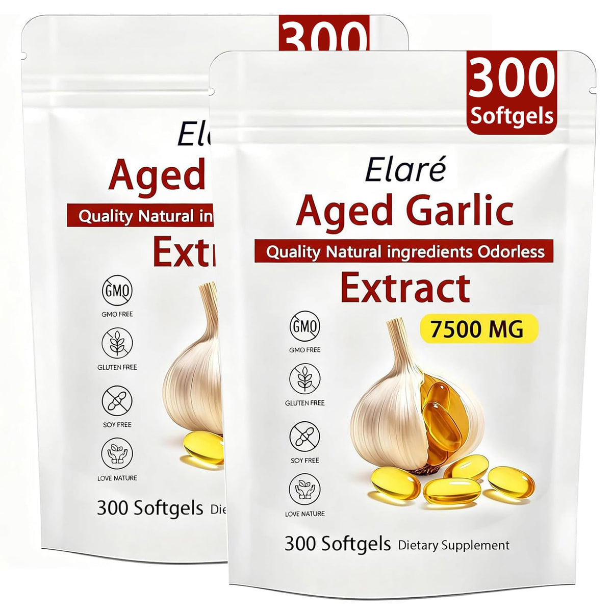 Elare aged garlic extract bottle with odorless softgels for daily heart and immune support.