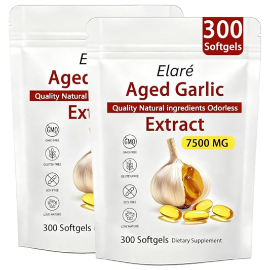 Elare aged garlic extract bottle with odorless softgels for daily wellness.