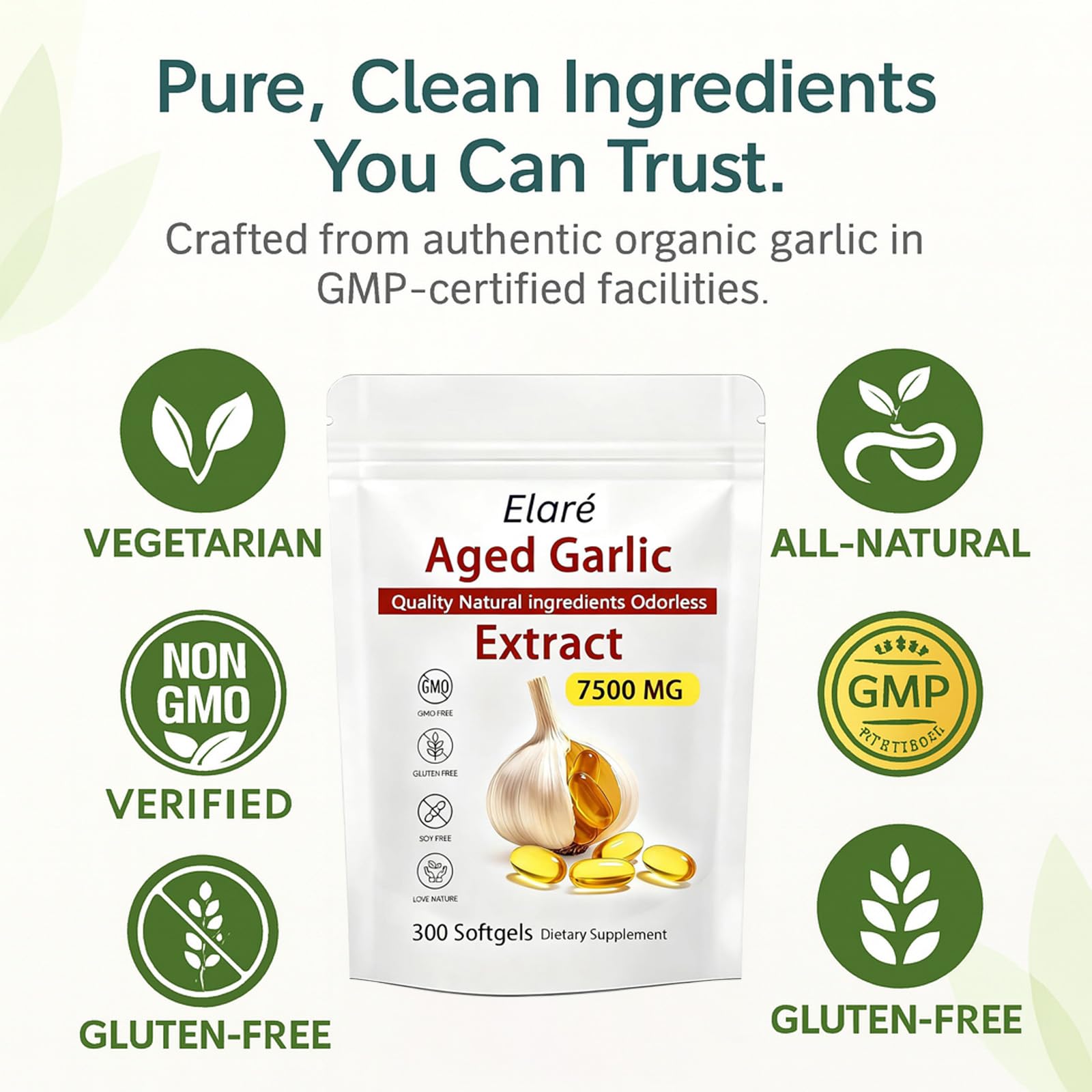 Elare garlic softgels with water to support daily wellness.