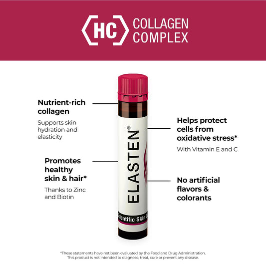 Pouring action shows ELASTEN liquid collagen ampoules ready for use.