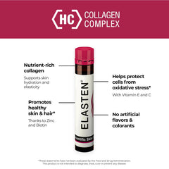 Pouring action shows ELASTEN liquid collagen ampoules ready for use.