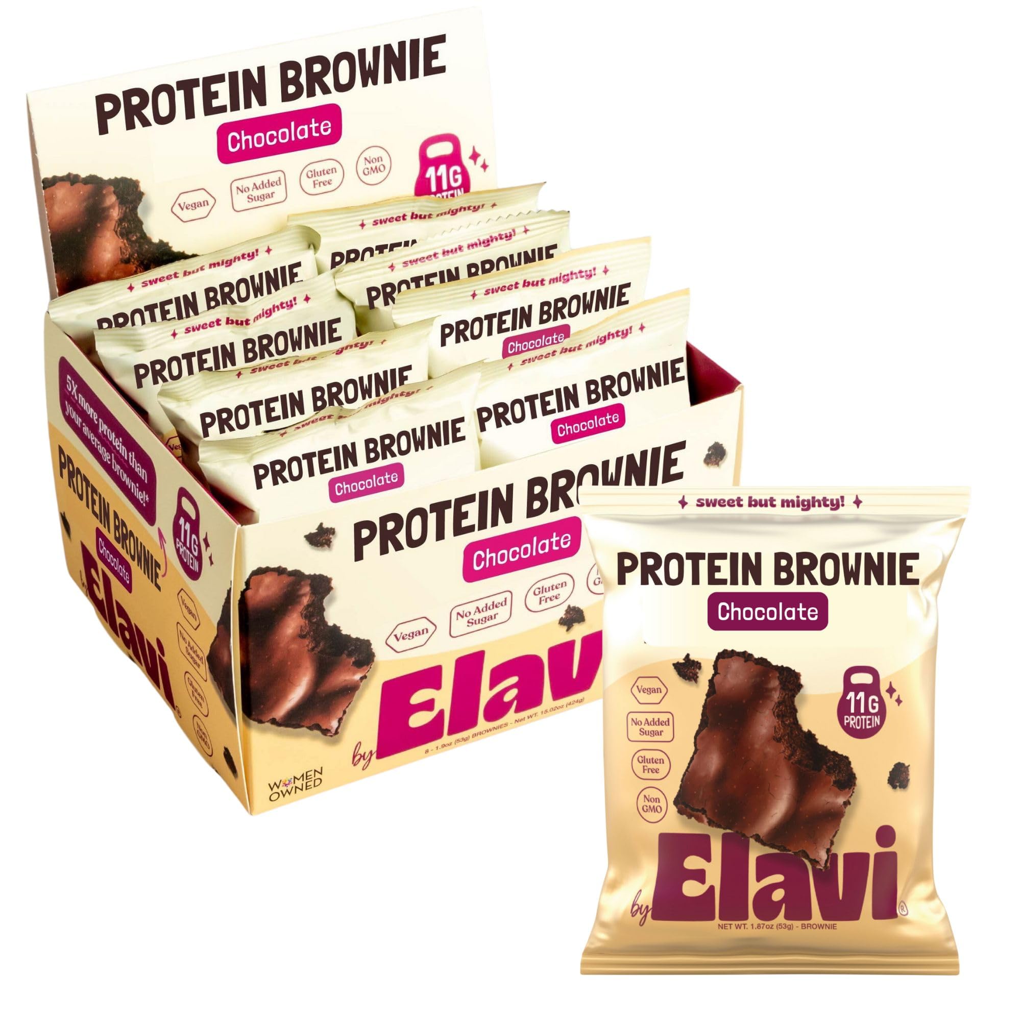 Elavi Protein Brownie pack shot shows rich chocolate fudge and protein boost.