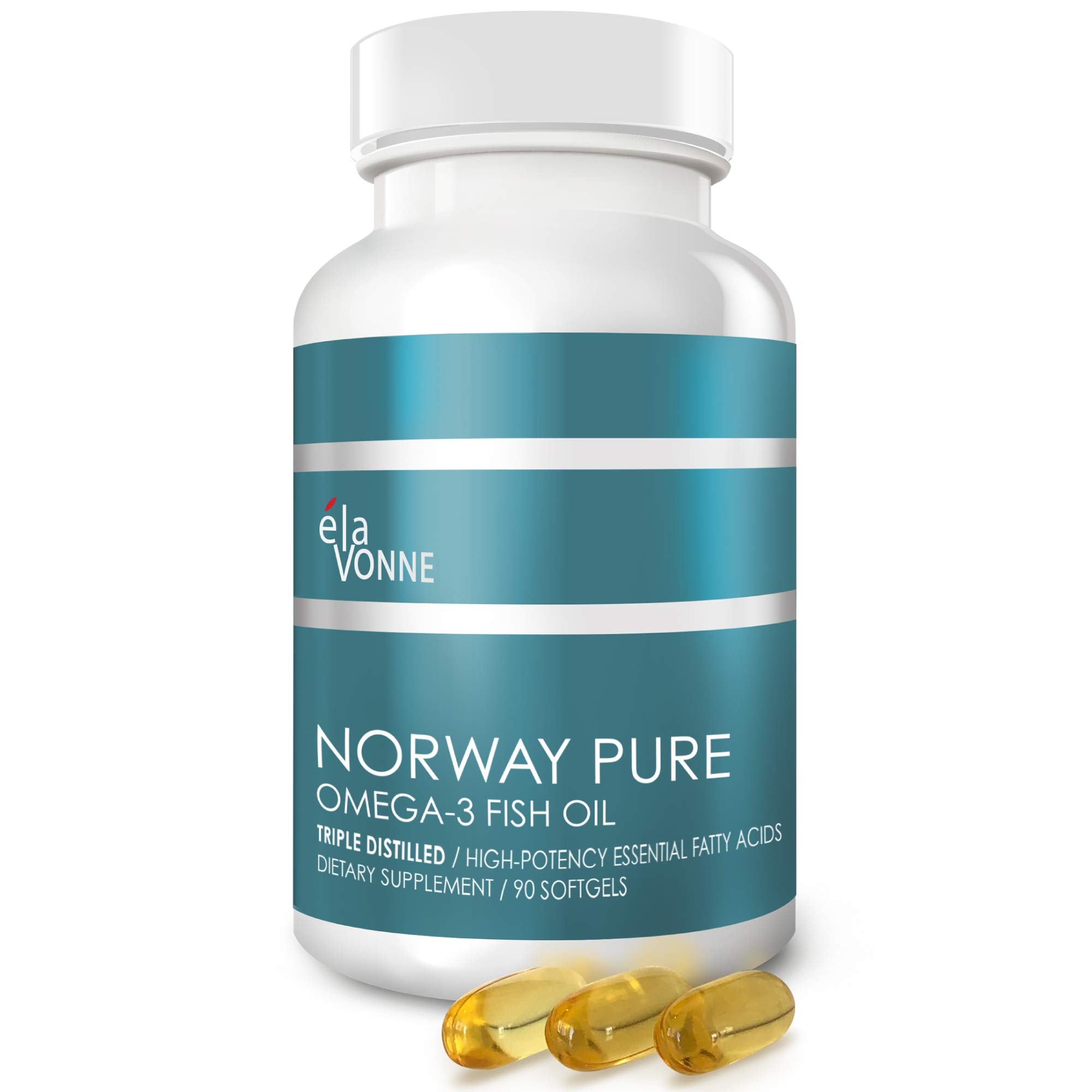 Elavonne Norway Pure Omega-3 softgels bottle highlighting EPA and DHA potency