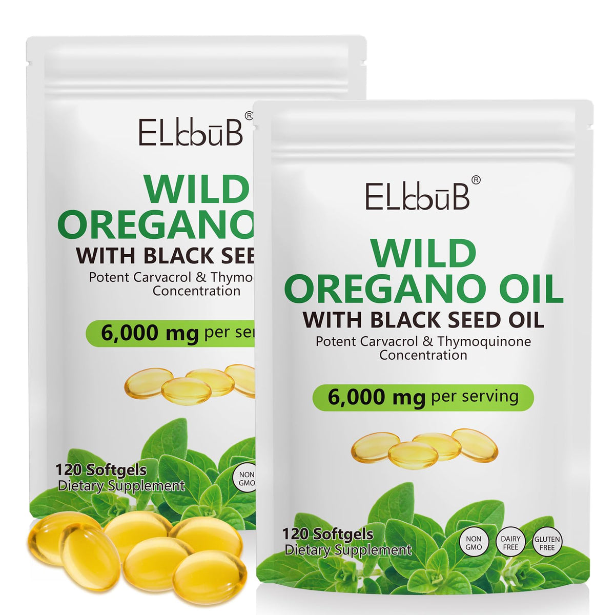 ELBBUB oregano-oil with black-seed-oil bottle highlighting a convenient 2-in-1 daily wellness option.