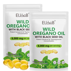 ELBBUB oregano-oil with black-seed-oil bottle highlighting a convenient 2-in-1 daily wellness option.