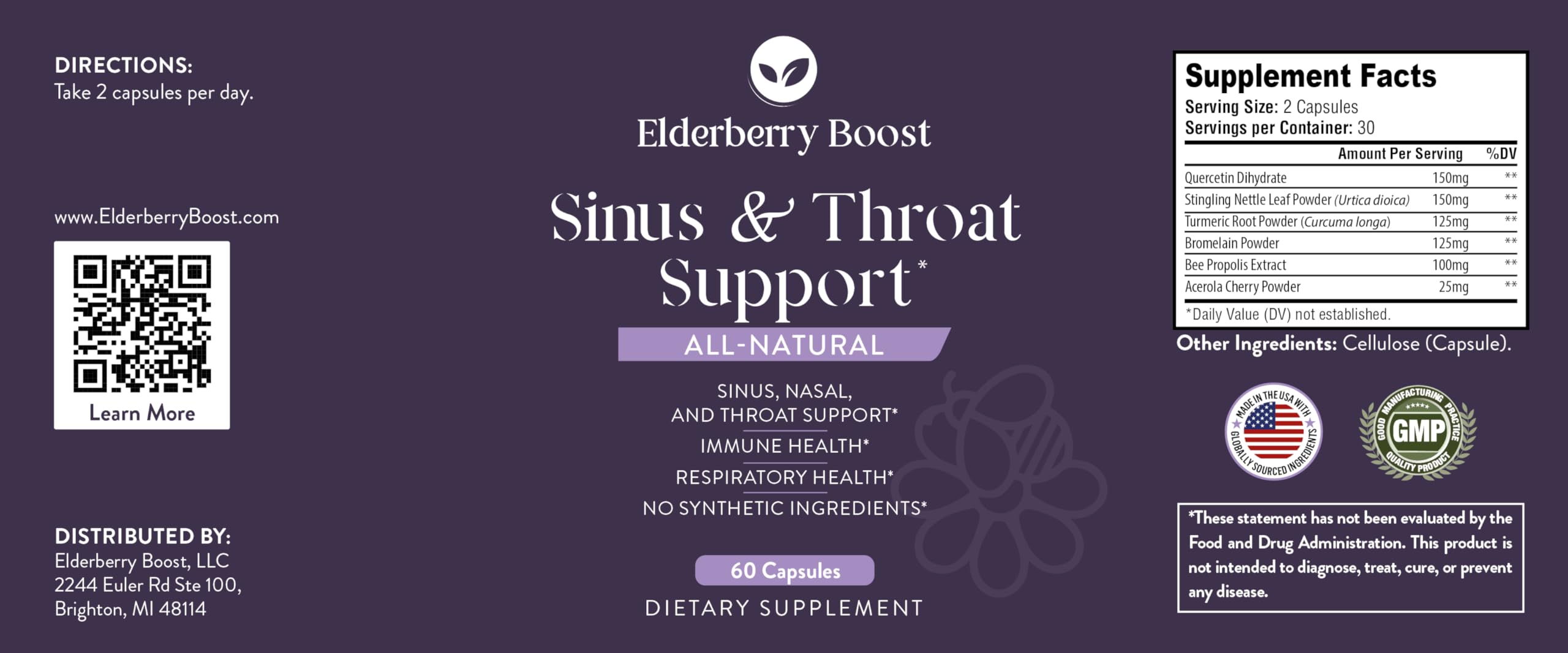 Elderberry Boost label highlights small-batch quality and plant-based formulation
