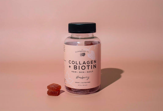 The Elderberry Co. collagen biotin Gummies bottle close-up for hair and nails health.