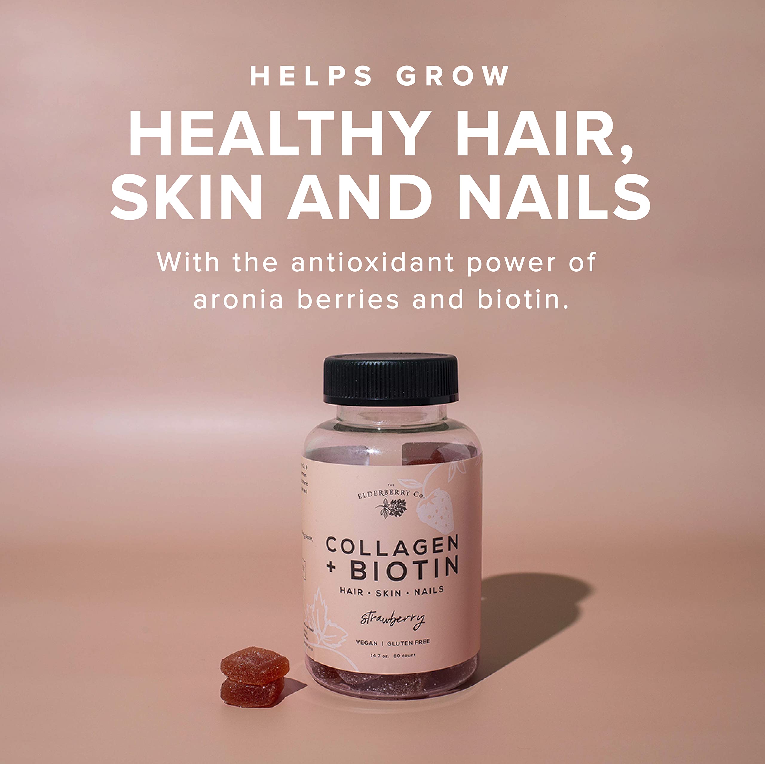 The Elderberry Co. gummies label highlights aronia berries and vegan ingredients for skin support.