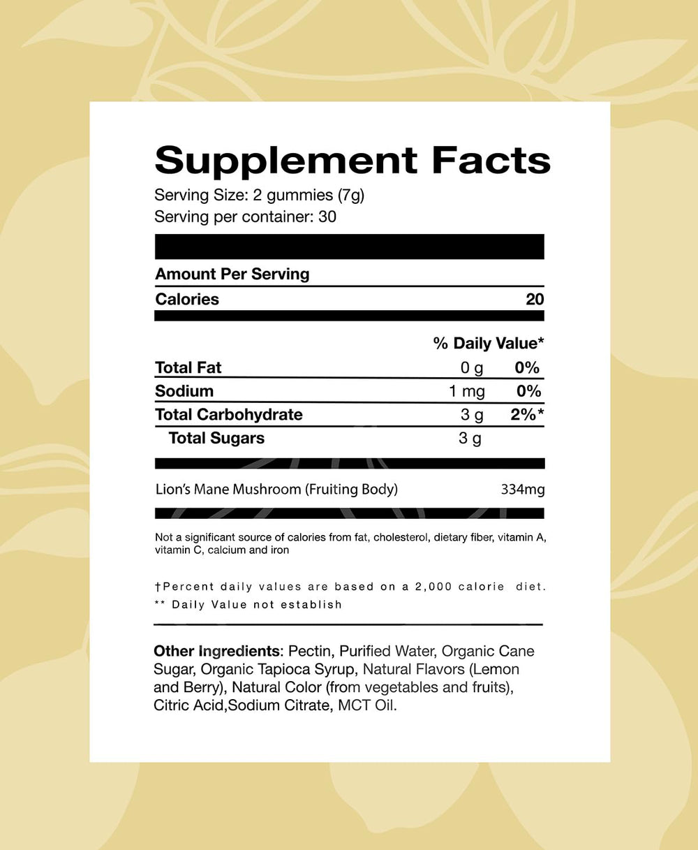 Close-up of Lion's Mane gummy highlighting lemon berry flavor and fruiting body extract.