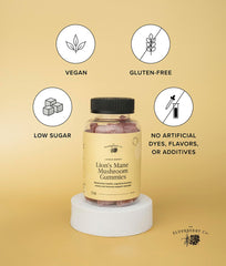 The Elderberry Co. Lion's Mane Gummies label shows lemon berry flavor and focus support.