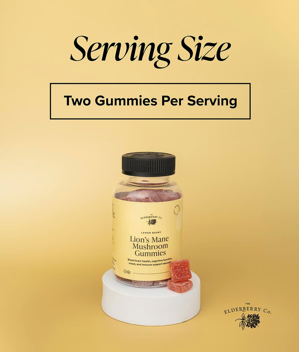 The Elderberry Co. Lion's Mane Gummies texture close-up shows chewy consistency.