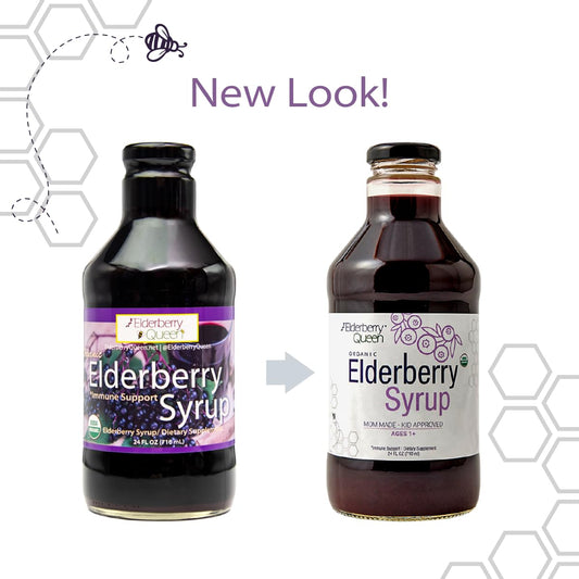 Elderberry Queen label closeup highlighting organic ingredients