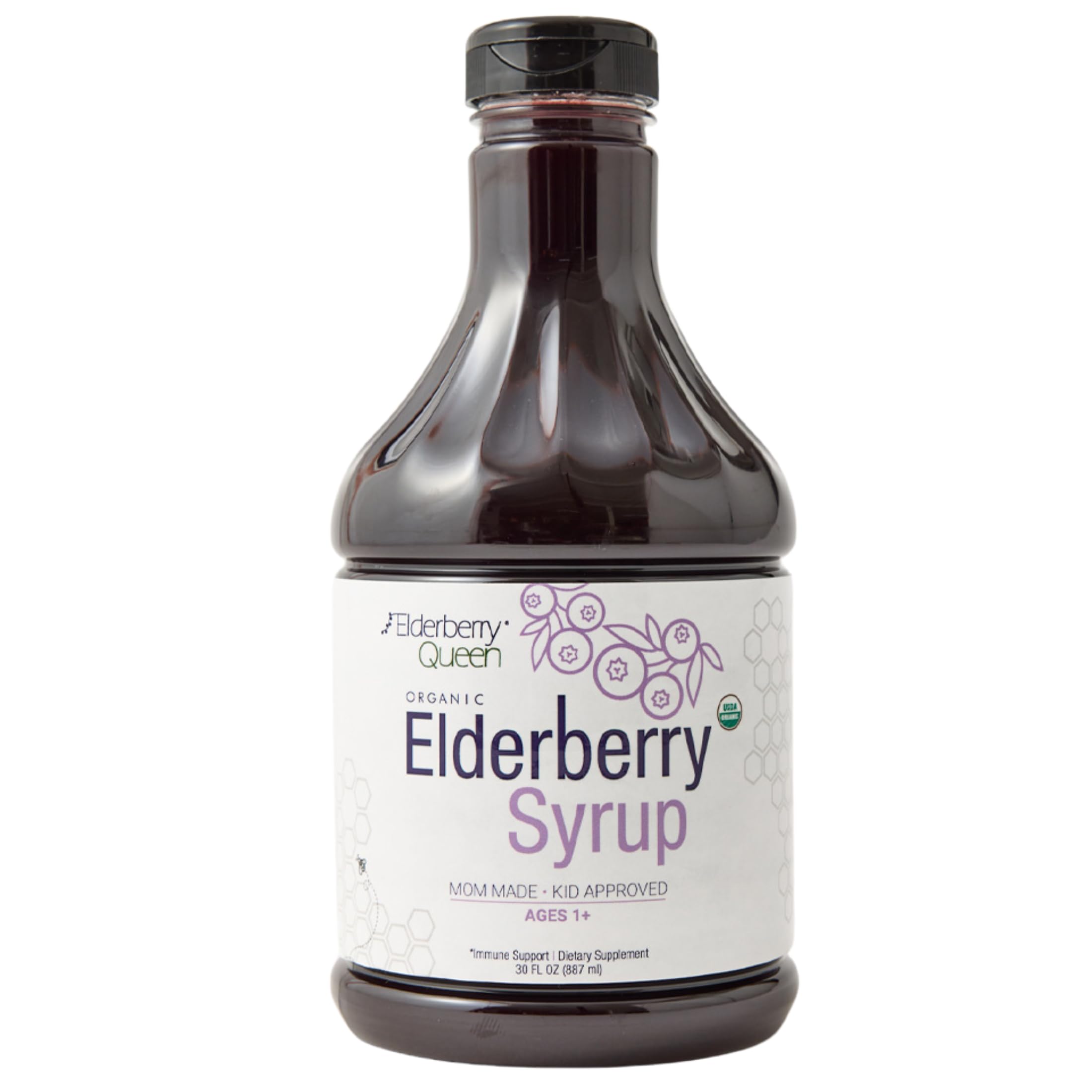 Elderberry Queen Organic Elderberry Syrup bottle front showing organic ingredients for daily wellness.