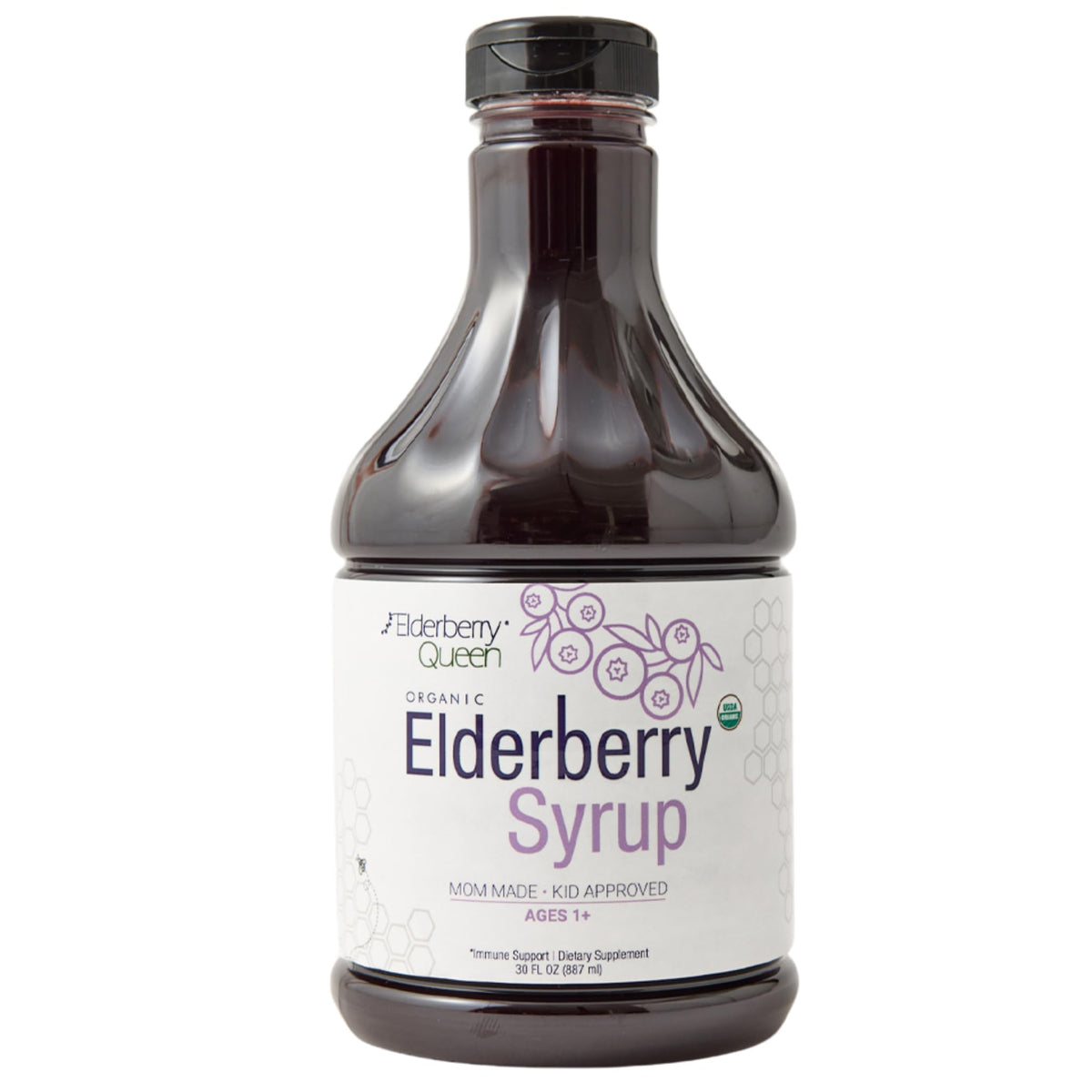 Elderberry Queen Organic Elderberry Syrup bottle front showing organic ingredients for daily wellness.