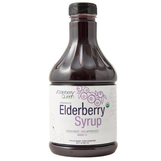 Elderberry Queen Organic Elderberry Syrup bottle front showing organic ingredients for daily wellness.