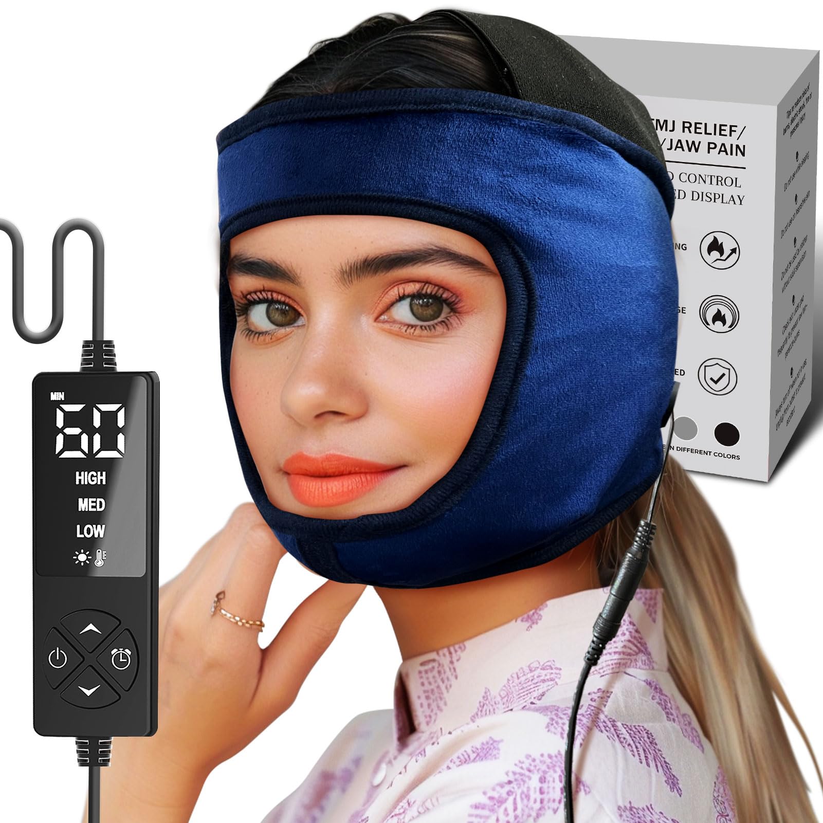 ELEKHEAL electric jaw heating pad front view with ergonomic fit for most faces.