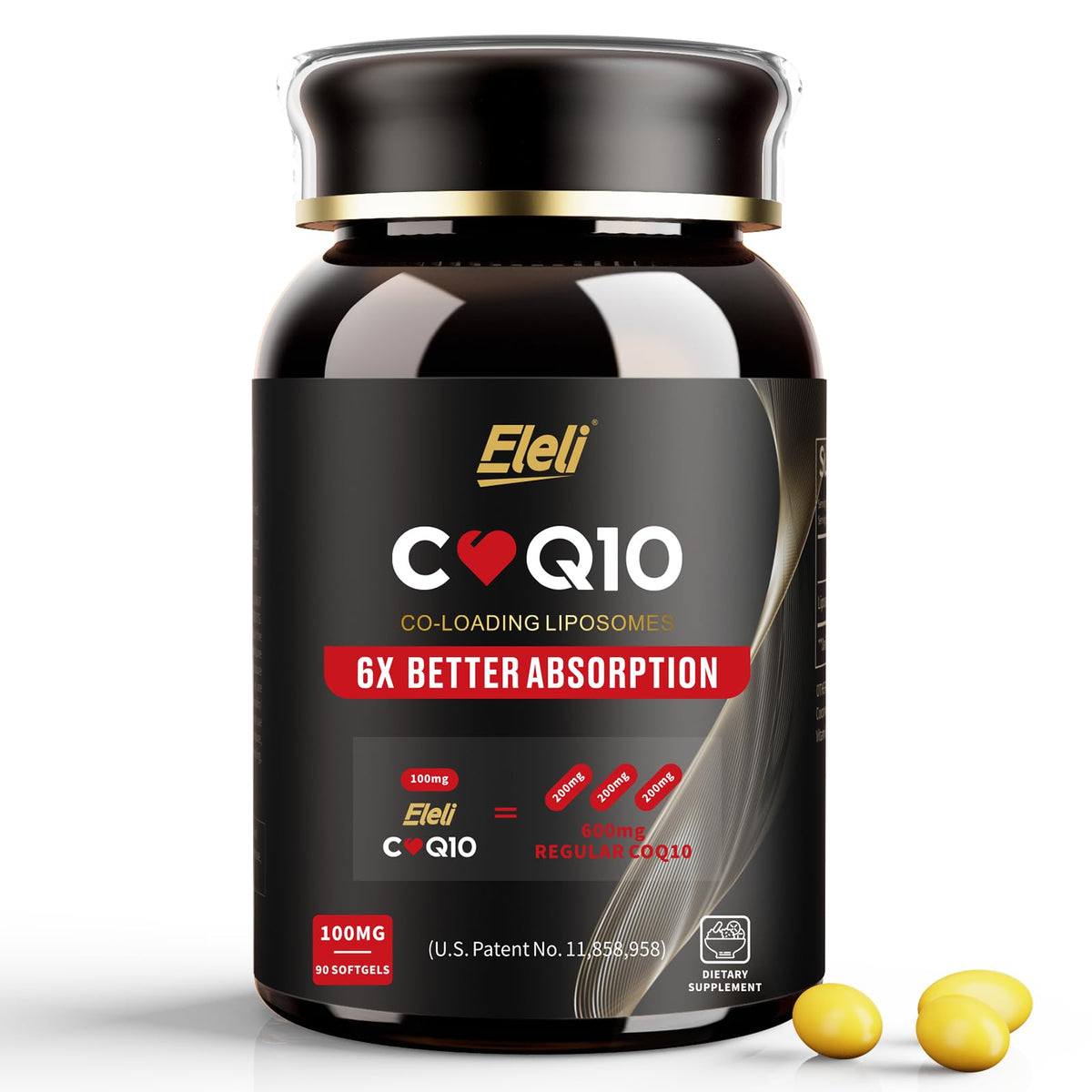 Eleli Ultra 6X liposomal CoQ10 packshot shows compact softgels for easy daily dosing