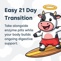 Element Longevity dairy foods with pill scene suggesting easier enjoyment of milk, cheese, and ice cream.