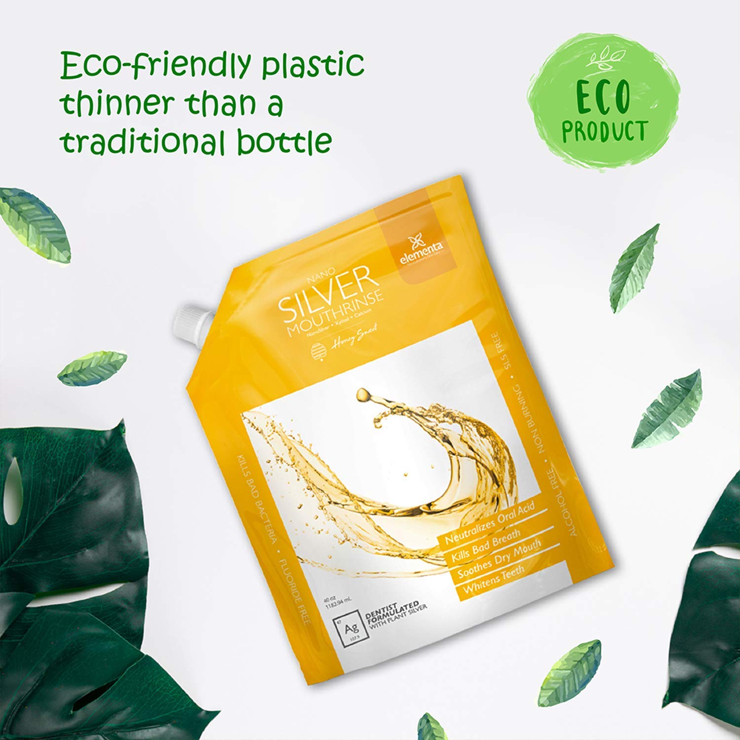 Elementa Silver Mouthwash on bathroom vanity with a honey-sweet flavor for daily use.