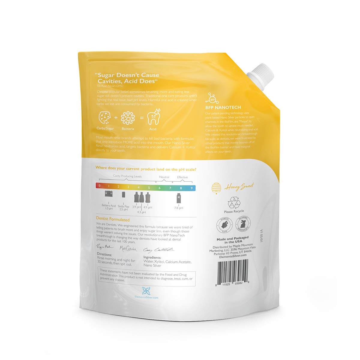 Pouring Elementa Silver Mouthwash demonstrates easy application and measurement.