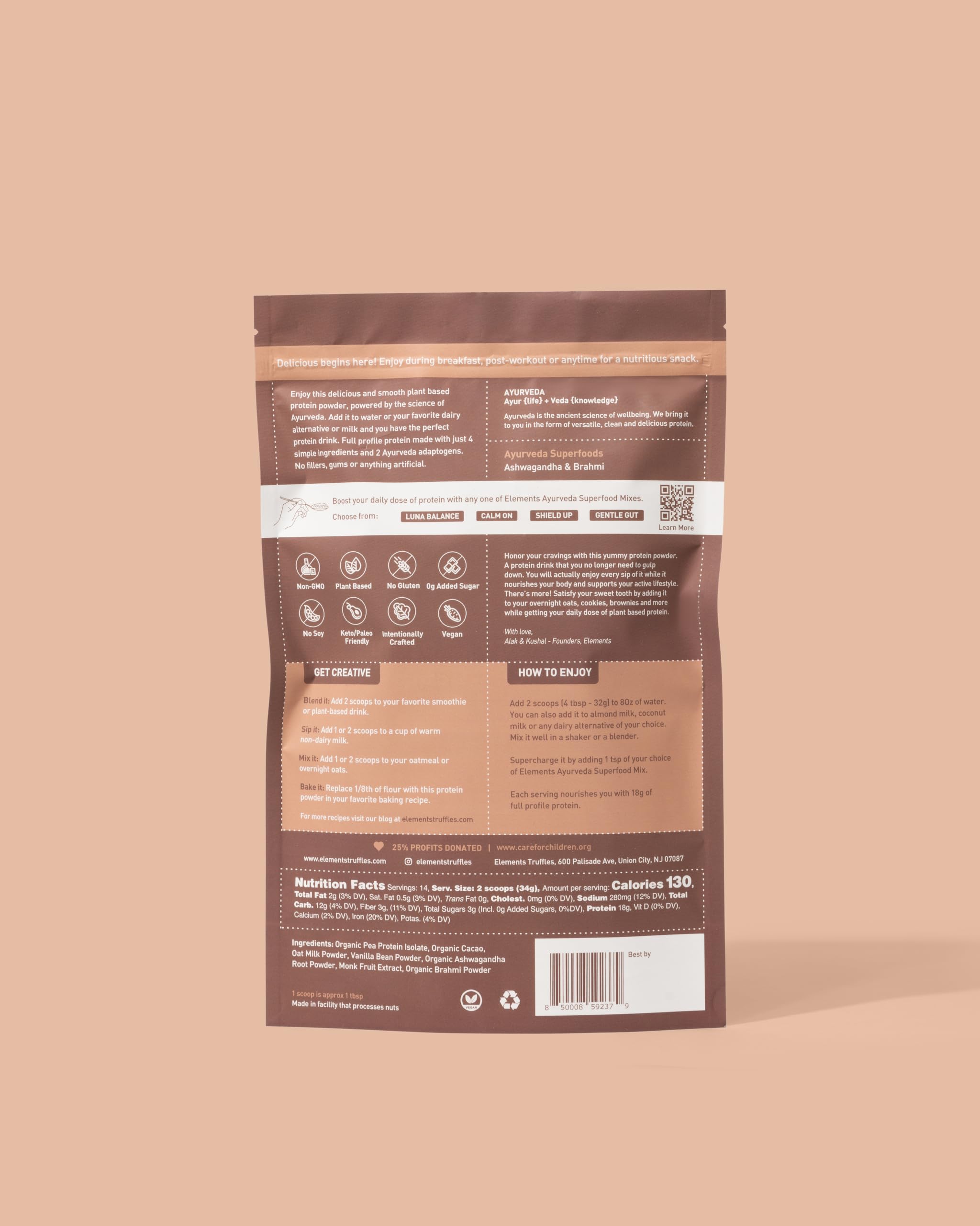 Elements Truffles chocolate protein shake glass—delicious, nutrient-dense vegan protein for post-workout
