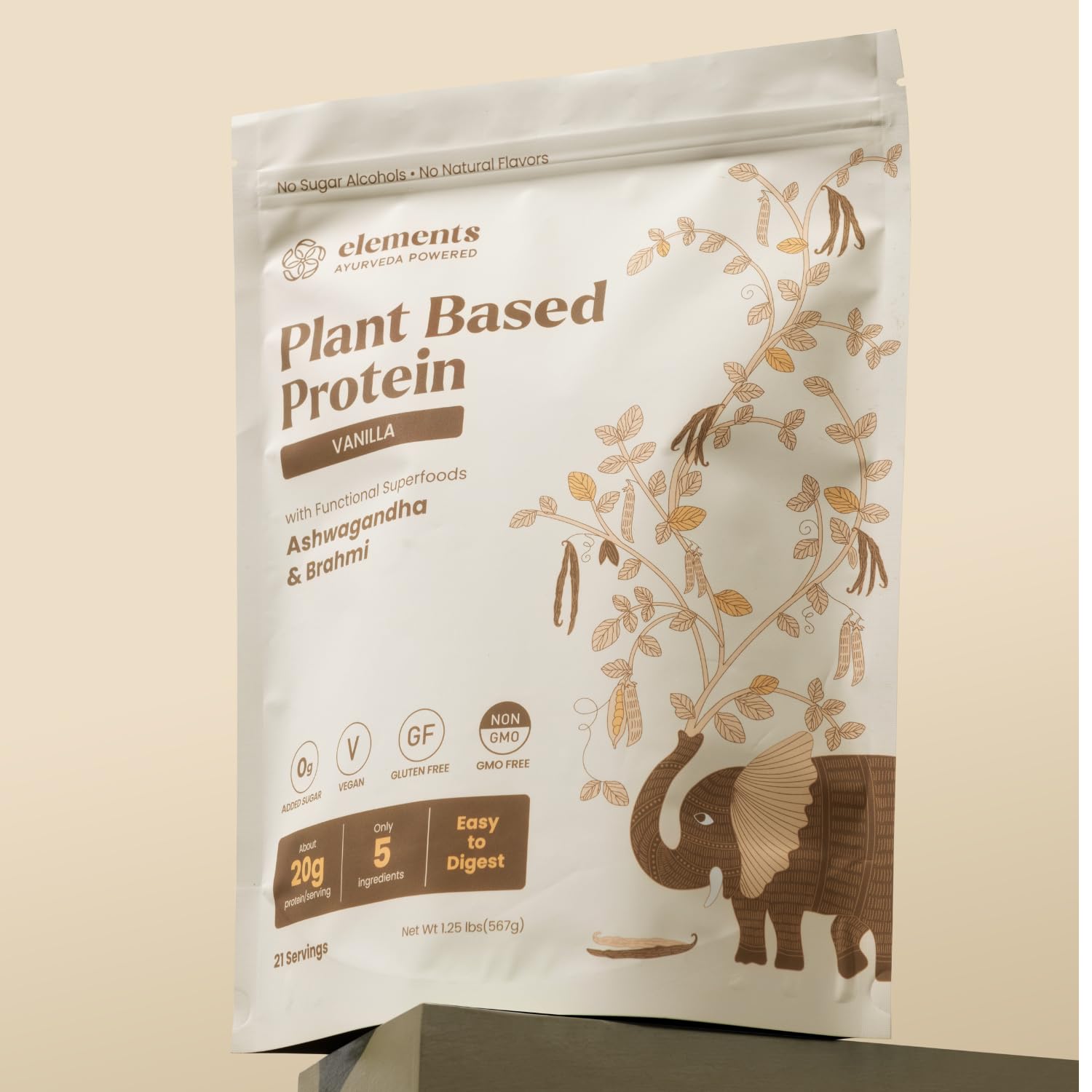 Close-up of Elements Vanilla protein label showing no added sugar and clean ingredients