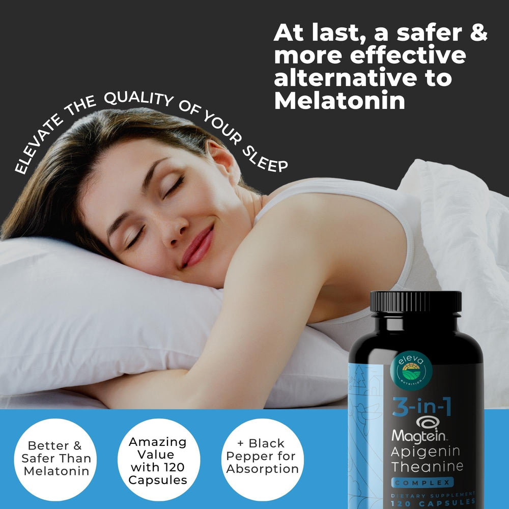 Eleva Nutrition capsules close-up showing the 3-in-1 blend for calm nights