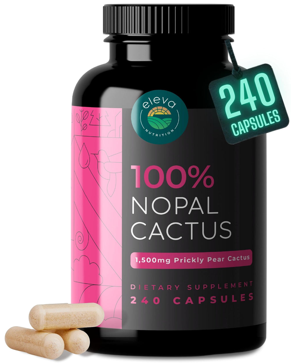Eleva Nutrition Nopal Cactus Capsules bottle displaying 240-count container with fiber-rich formula.