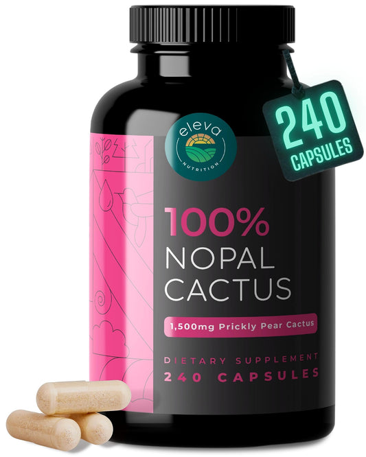 Eleva Nutrition Nopal Cactus Capsules bottle displaying 240-count container with fiber-rich formula.