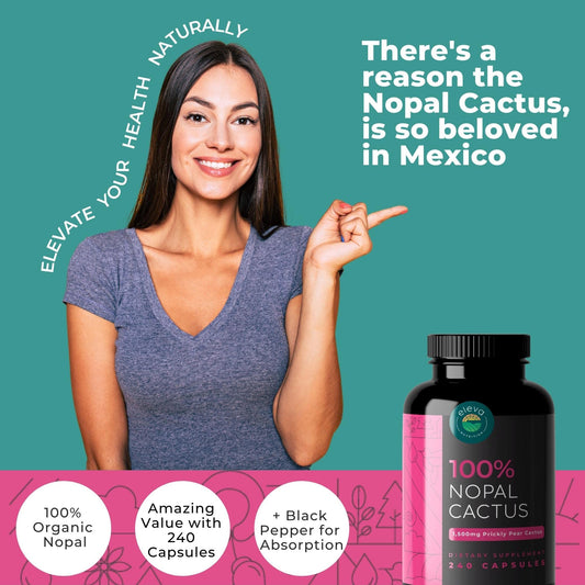 Close-up of Eleva Nutrition Nopal Cactus Capsules highlighting organic ingredients and vegan-friendly formula.