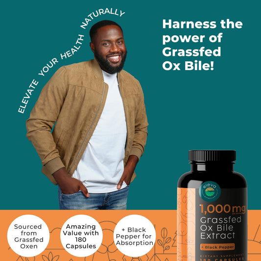 Eleva Nutrition ox bile extract capsules close-up for convenient daily use with meals.