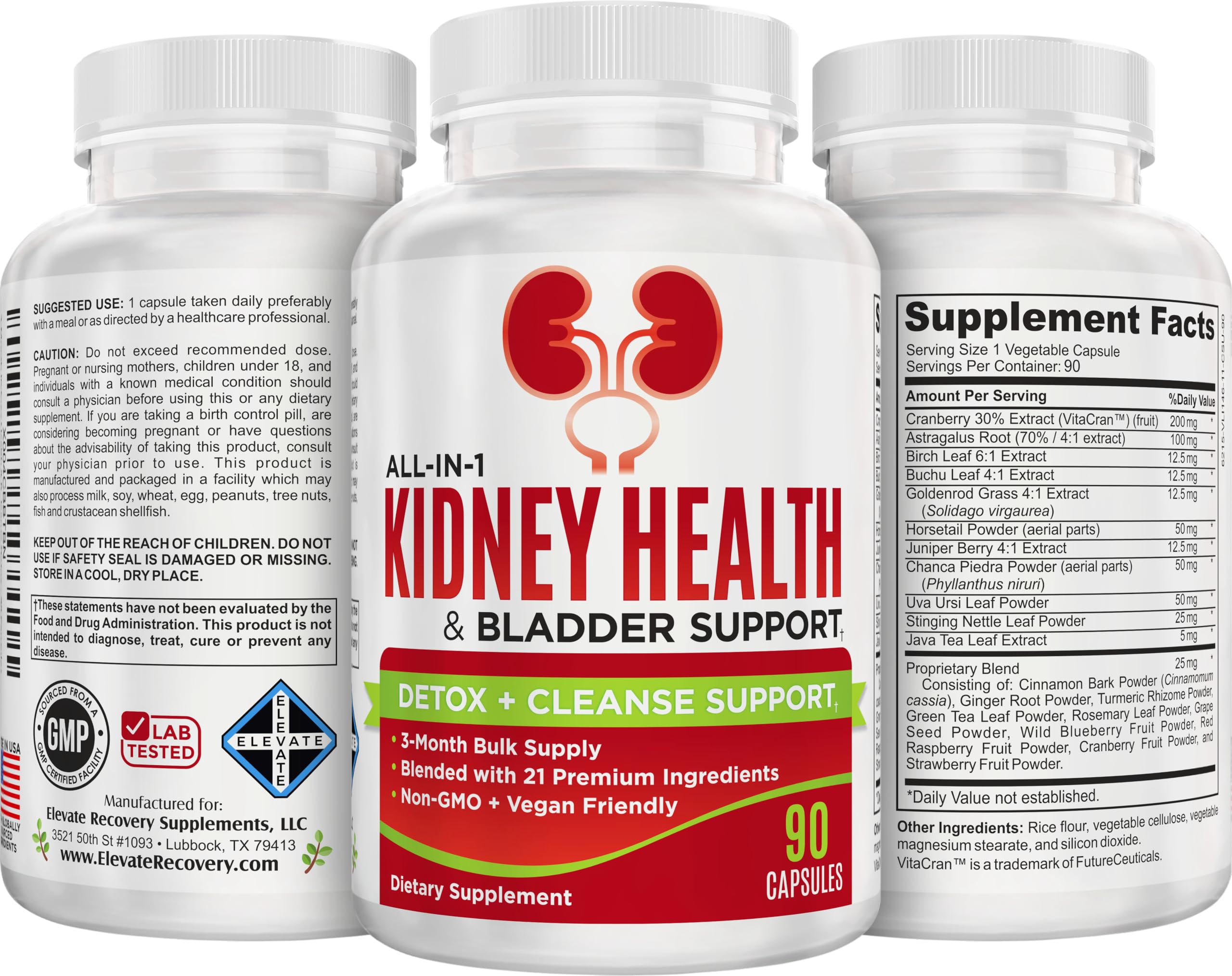 Elevate Kidney & Bladder Support ingredient panel close-up showing blends for urinary wellness.