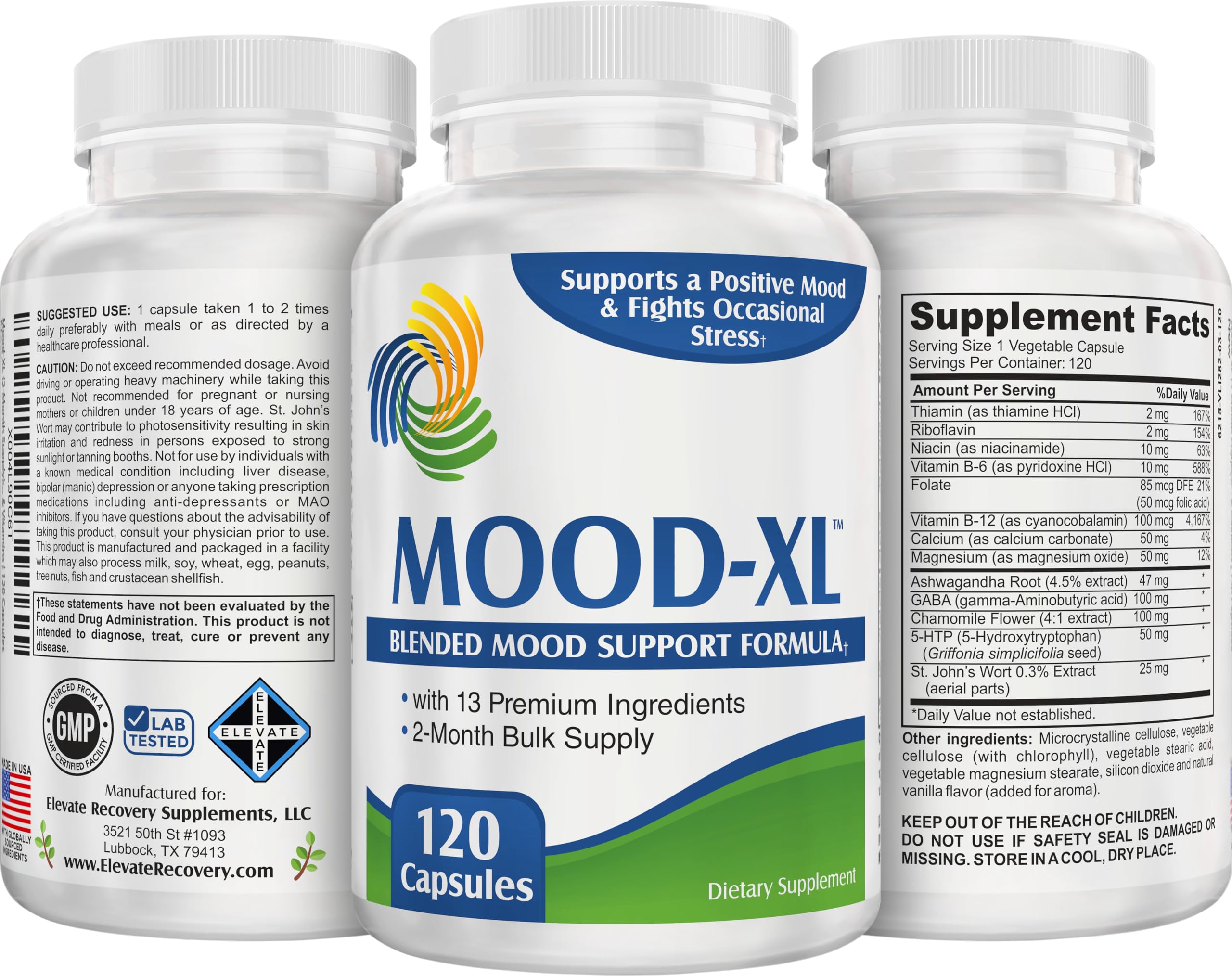 Elevate Mood-XL label detail showcases Ashwagandha and GABA benefits in a trusted formula