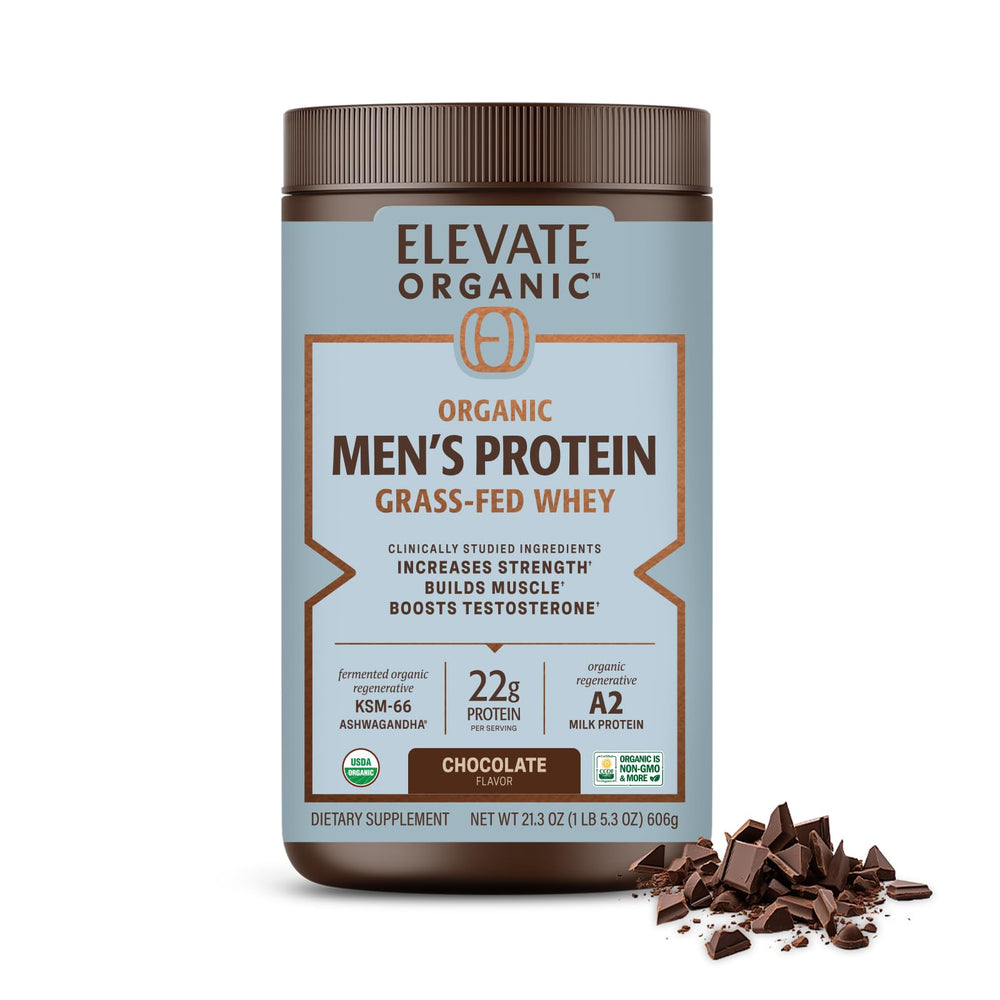 ELEVATE ORGANIC Men's Whey Protein Chocolate packshot highlighting 22g protein per serving