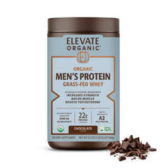 ELEVATE ORGANIC Men's Whey Protein Chocolate packshot highlighting 22g protein per serving