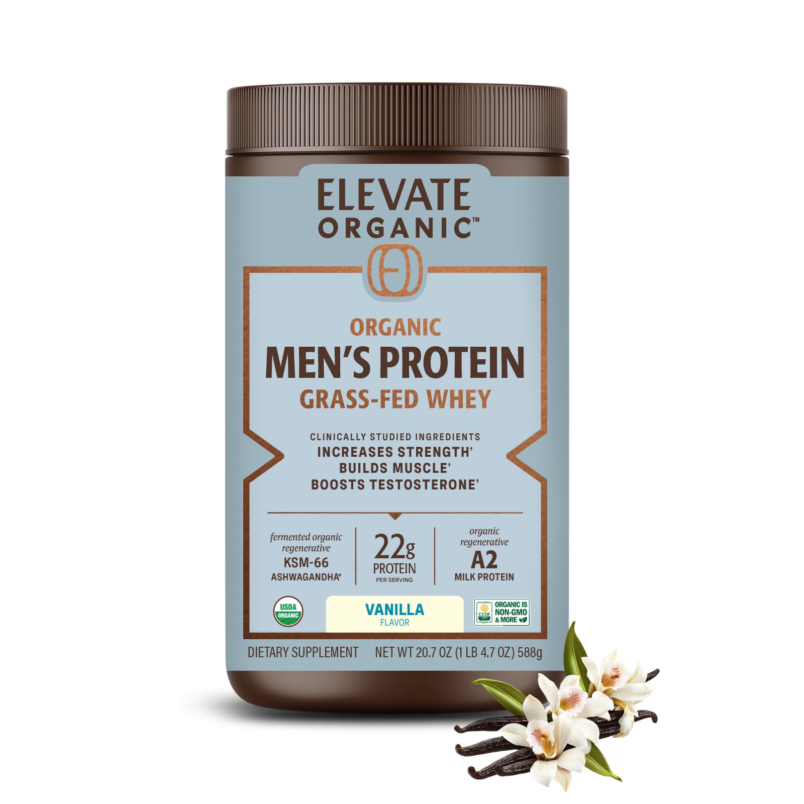 ELEVATE ORGANIC Men's Whey Vanilla bottle for post-workout recovery and daily protein