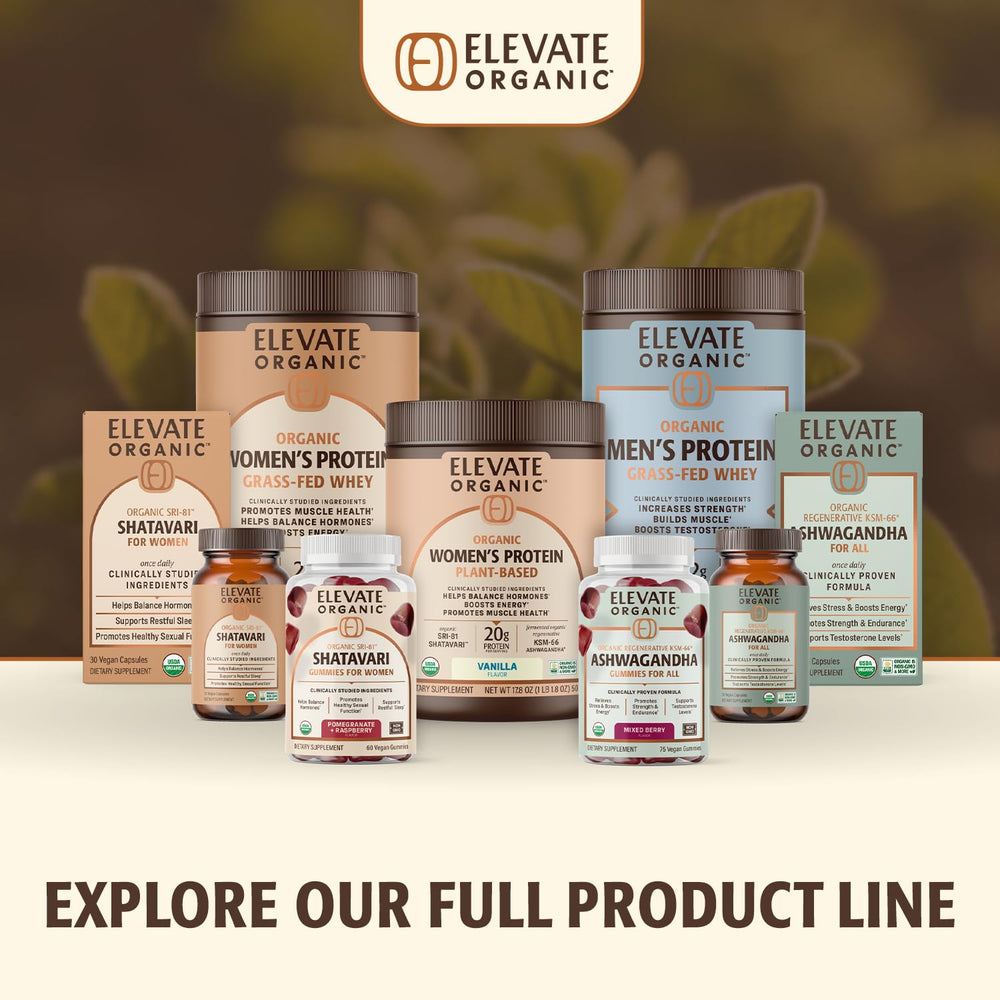 Sustainable packaging and USDA Organic badge on ELEVATE ORGANIC protein.