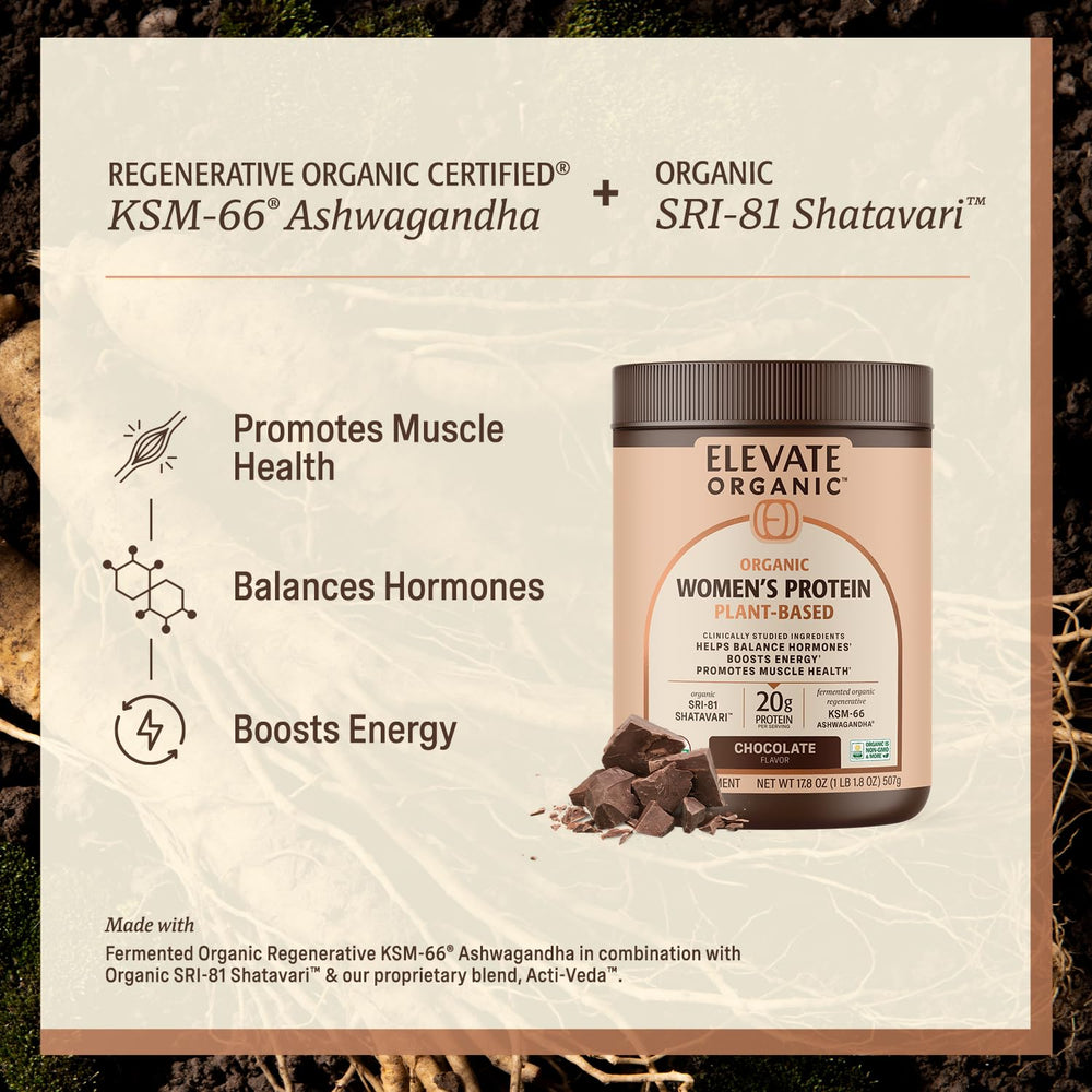 ELEVATE ORGANIC chocolate tub close-up showing protein and BCAAs.