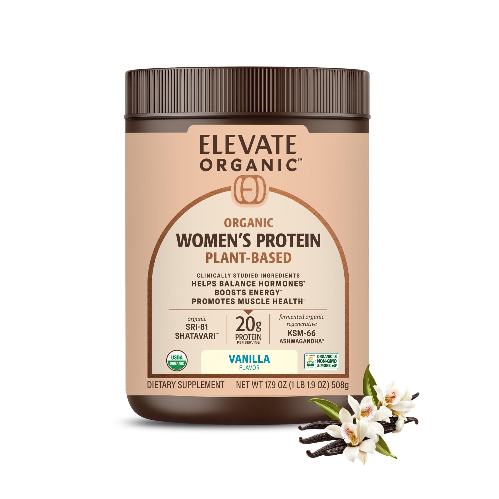 Elevate Organic Women's Protein Vanilla container showcasing clean pea protein with BCAAs for recovery.
