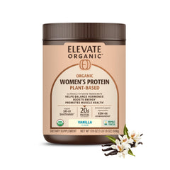 Elevate Organic Women's Protein Vanilla container showcasing clean pea protein with BCAAs for recovery.