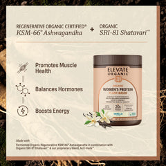 Elevate Organic scoop beside vanilla powder illustrates easy, measured portions for daily protein.