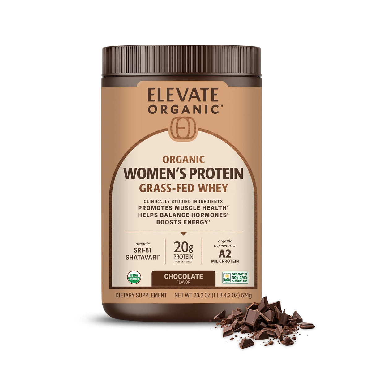 Elevate Organic women's whey protein chocolate front label shows grass-fed A2 protein for muscle support.