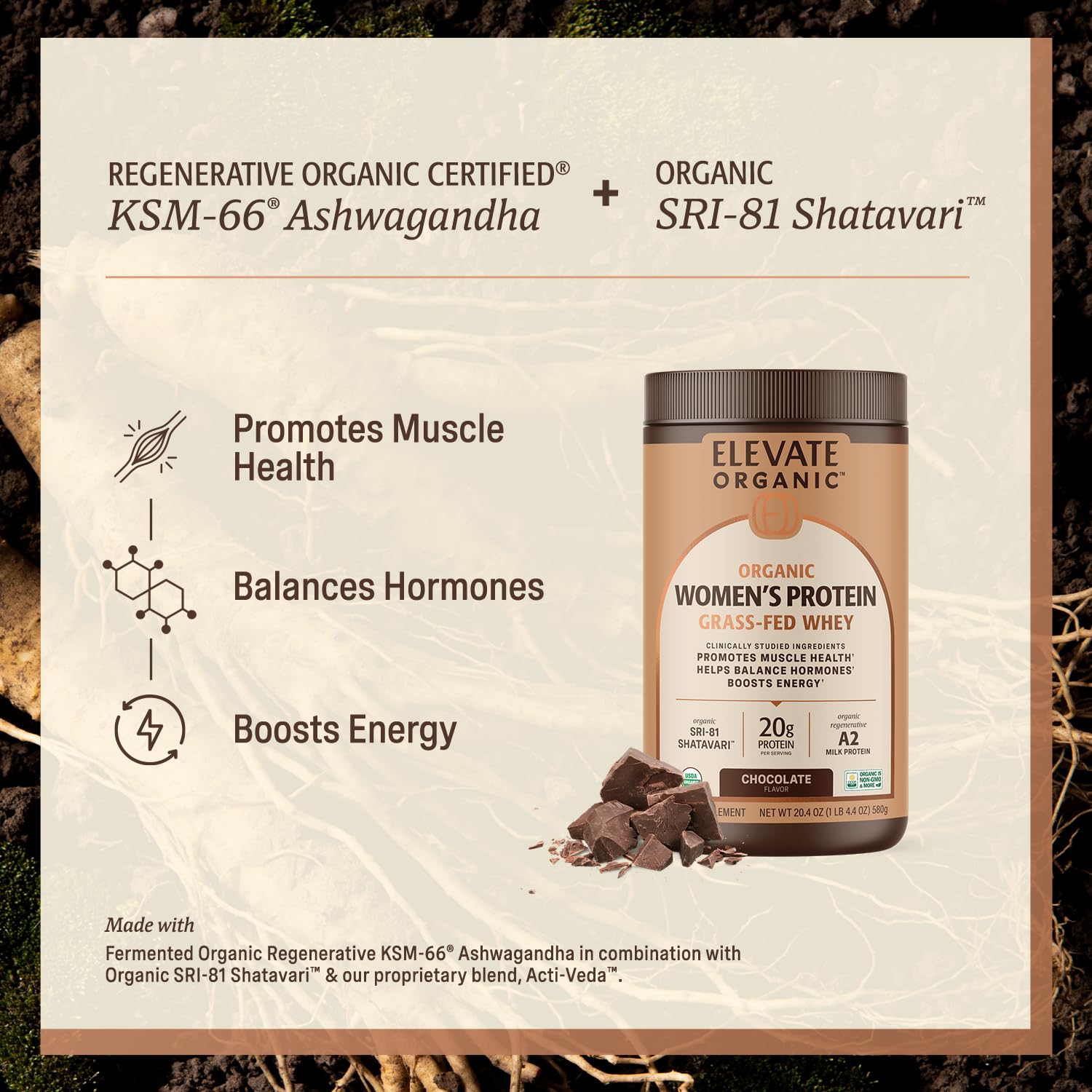 Scoop of chocolate protein beside a glass for convenient daily energy.