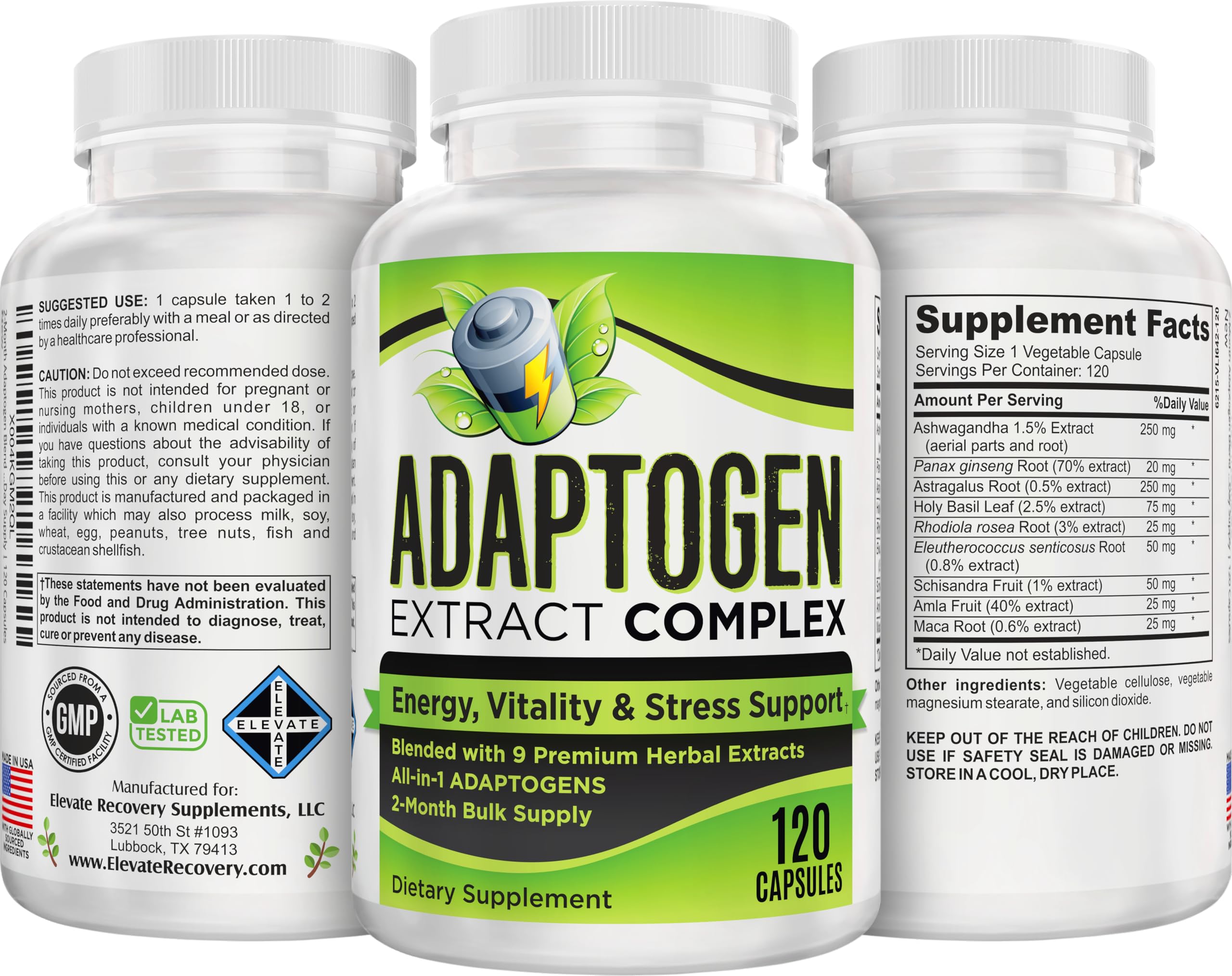 Elevate Recovery adaptogen extract complex ingredients list on label