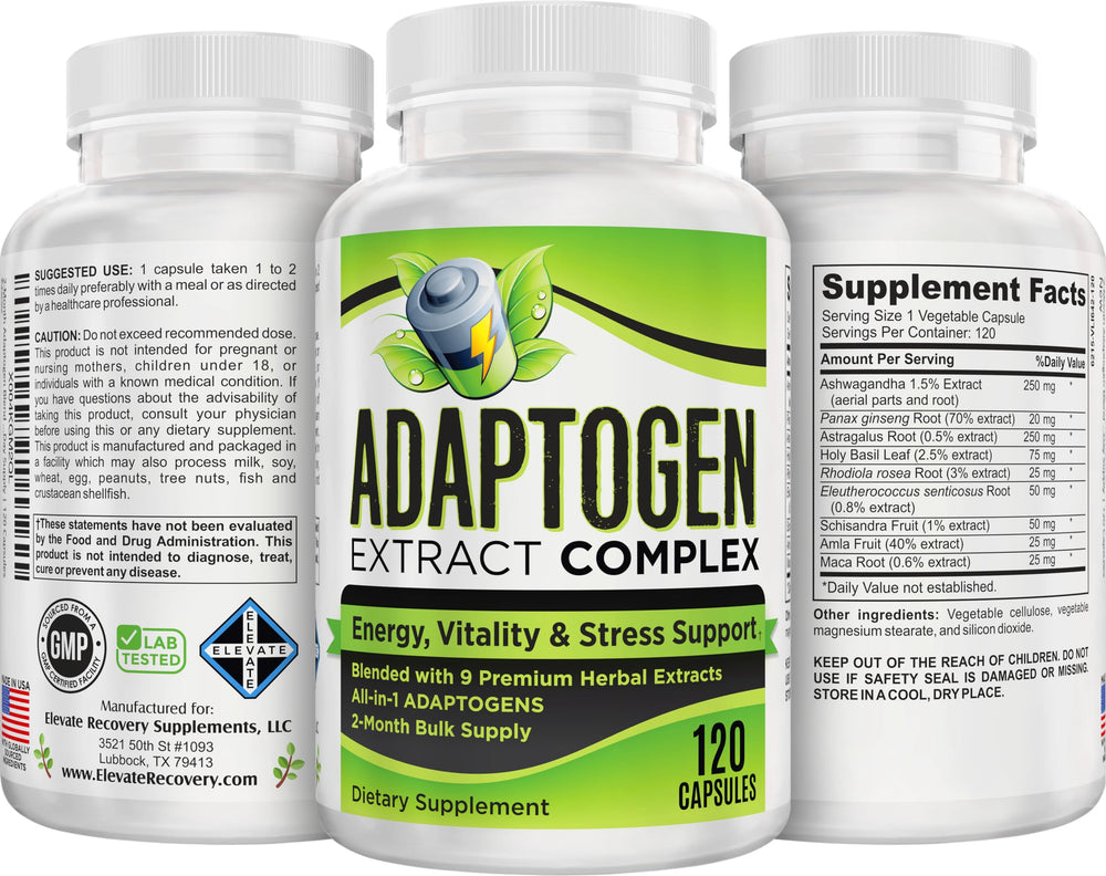 Elevate Recovery adaptogen extract complex ingredients list on label