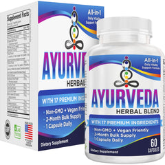 Elevate Recovery Ayurveda 17-in-1 bottle front showcases a comprehensive daily wellness blend for balance.