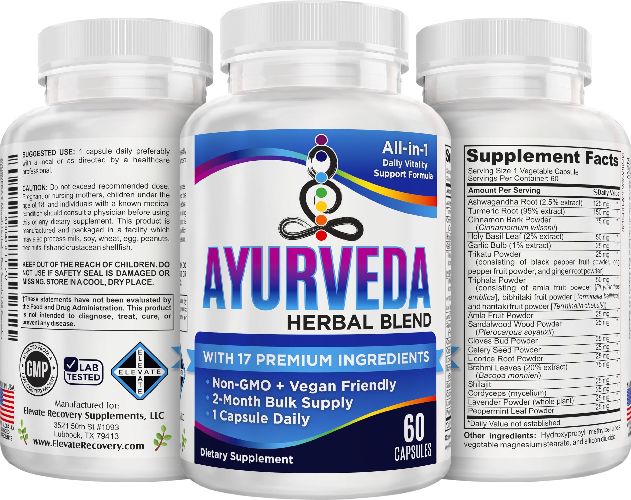 Elevate Recovery Ayurveda bottle top view suggests simple everyday supplementation.