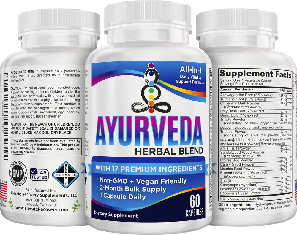 Elevate Recovery Ayurveda bottle top view suggests simple everyday supplementation.